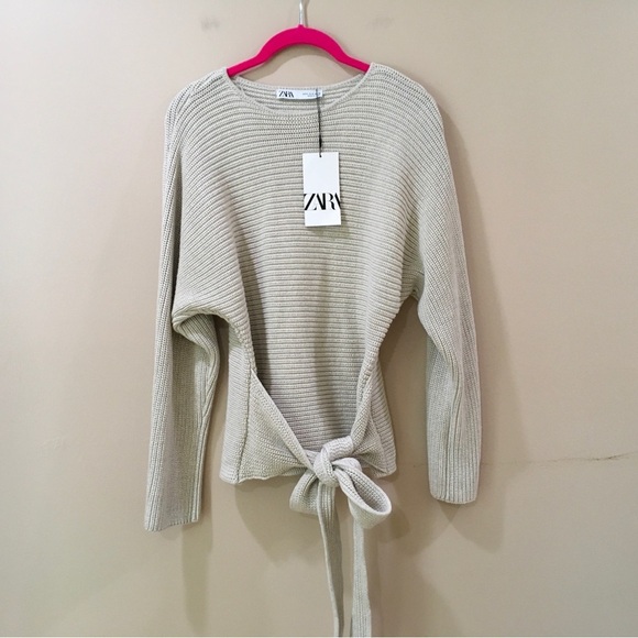 Zara Tie Waist Sweater Knit Long Sleeve Crew Neck - Picture 3 of 7